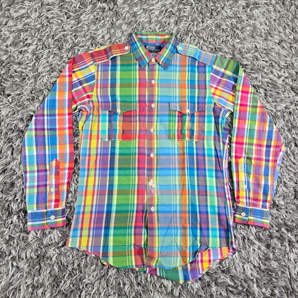 Polo Ralph Lauren Mens Medium Trim Military Madras Plaid Button Up Shirt Rainbow